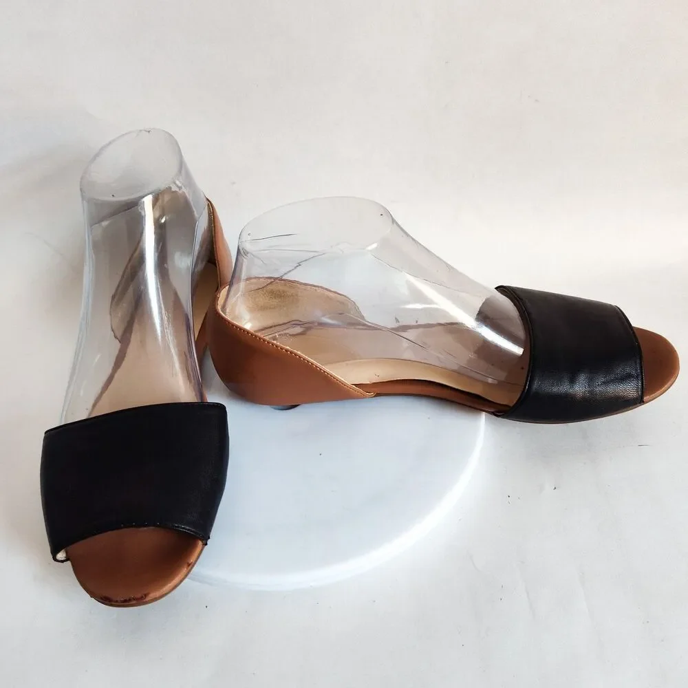 Nine West Tan Black Faux Leather Open Toe Slip On D'Orsay Flats Size 8M‎ Vegan